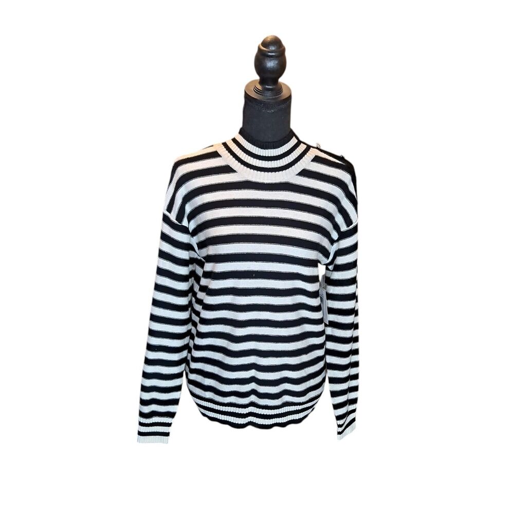 Olivia Sky Women's Size M Sweater Black/White Striped Jeweled Button Accent